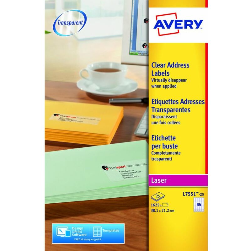 Avery - Laser Mini Label 38x21mm 65 Per A4 Sheet Clear (Pack 1625 Labels) L7 - Transparent