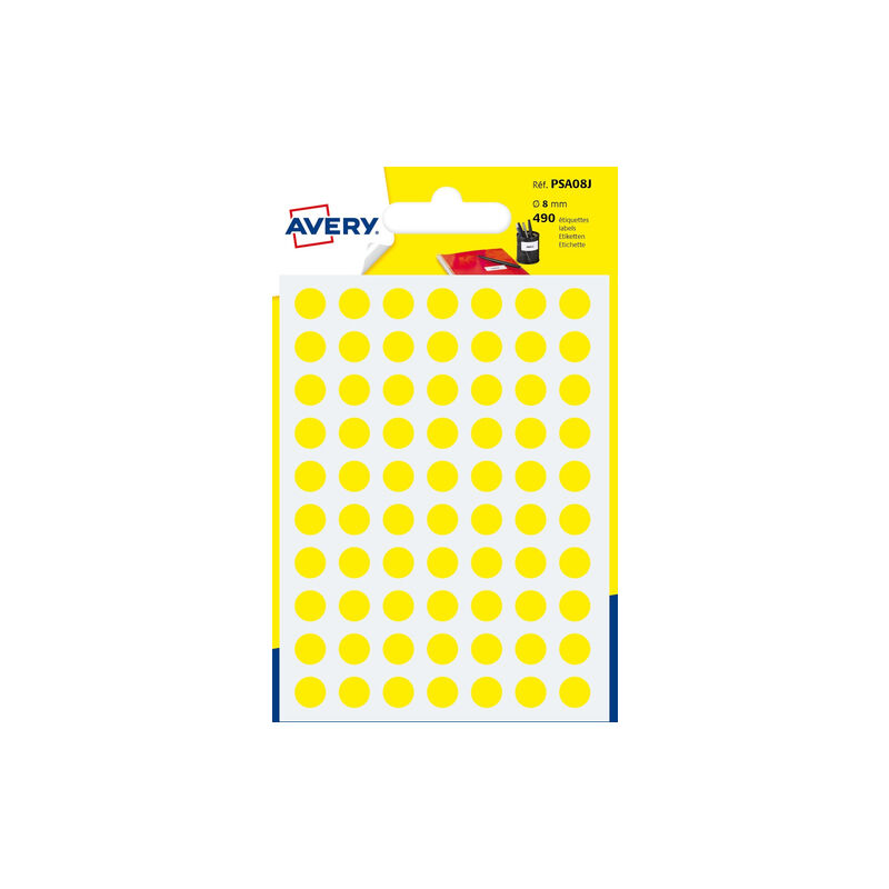 Image of Avery - Confezione da 6 fogli di adesivi rotondi gialli da 8 mm di diametro psa08j