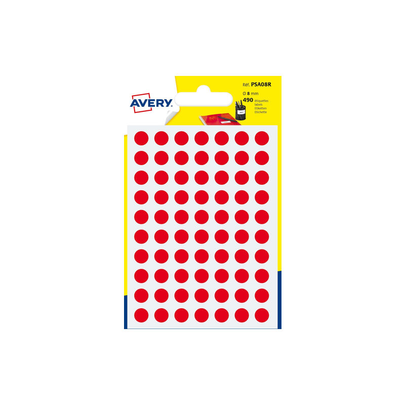 Image of Confezione da 6 fogli di etichette gommose rosse rotonde da 8 mm di diametro avery psa08r