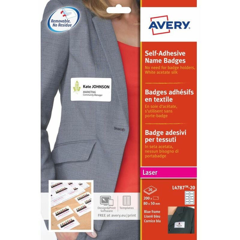 Avery - Self-Adhesive Name Badge 80x50mm White/Blue (Pack 200) L4787-20 - White