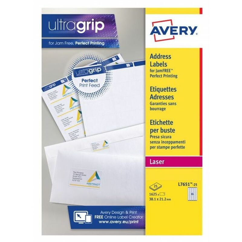 Laser Mini Label 38x21mm 65 Per A4 Sheet White (Pack 1625 Labels) L7651-25 - Avery