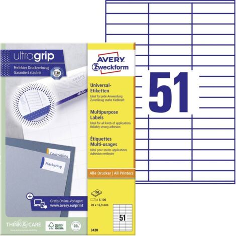 Avery-Zweckform 3420 Etichetta universale 70 x 16.9 mm Carta Bianco 5100 pz. A tenuta permanente Stampante a getto d'in