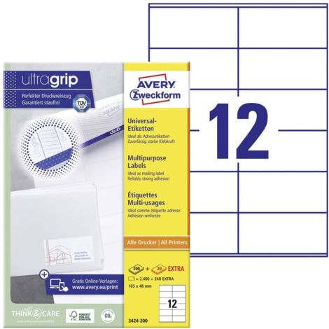 Avery-Zweckform 3424-200 Etichetta universale 105 x 48 mm Carta Bianco 2640 pz. A tenuta permanente Stampante laser a c