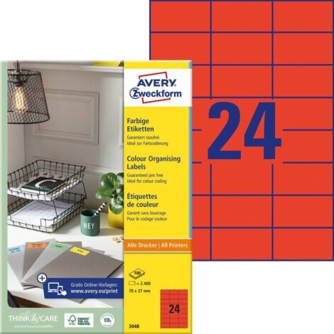 Avery-Zweckform 3448 Etichetta universale 70 x 37 mm Carta Rosso 2400 pz. A tenuta permanente Stampante a getto d'inchi