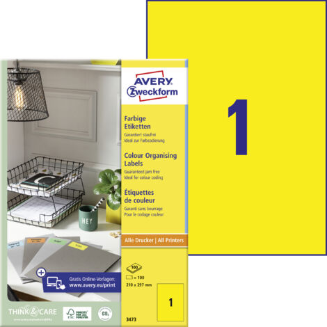Avery Zweckform 3473 Farbige Etiketten, A4, 210 x 297 mm, 100 Bogen/100 Etiketten, gelb