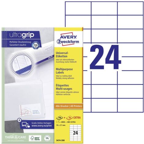 Avery-Zweckform 3475-200 Etichetta universale 70 x 36 mm Carta Bianco 5280 pz. A tenuta permanente Stampante a getto d'