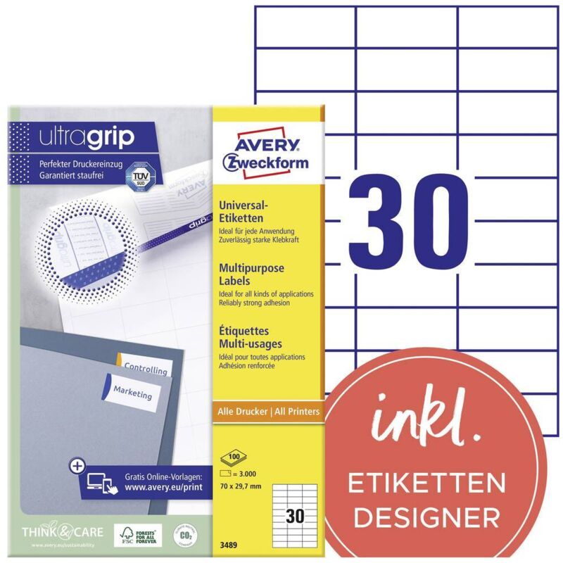Avery-Zweckform 3489 Etiquette universelles 70 x 29.7 mm papier blanc 3000 pc(s) fixation permanente imprimante laser c