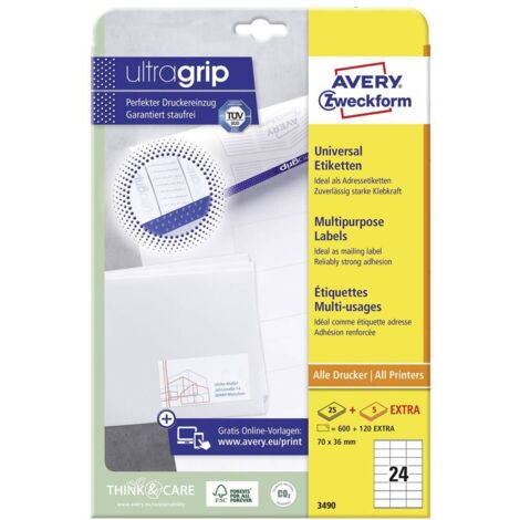 Avery-Zweckform 3490 Etichetta universale 70 x 36 mm Carta Bianco 720 pz. A tenuta permanente Stampante a getto d'inchi