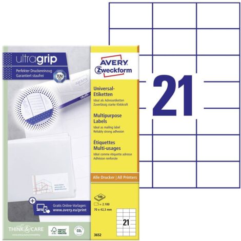 Avery-Zweckform 3652 Etichetta universale 70 x 42.3 mm Carta Bianco 2100 pz. A tenuta permanente Stampante a getto d'in