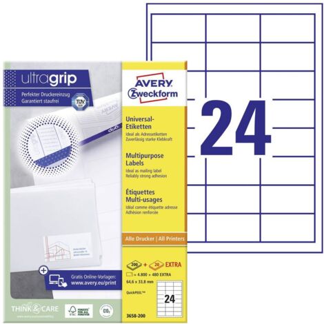 Avery-Zweckform 3658-200 Etichetta universale 64.6 x 33.8 mm Carta Bianco 4800 pz. A tenuta permanente Stampante laser