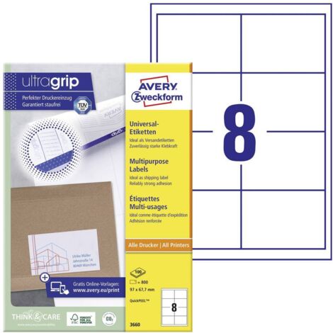 Avery-Zweckform 3660 Etichetta universale 97 x 67.7 mm Carta Bianco 800 pz. A tenuta permanente Stampante a getto d'inc