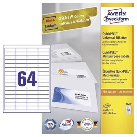 Avery-Zweckform 3667 Etichetta universale 48.5 x 16.9 mm Carta Bianco 6400 pz. A tenuta permanente Stampante a getto d'