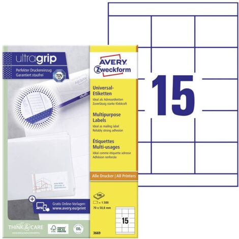 Avery-Zweckform 3669 Etichetta universale 70 x 50.8 mm Carta Bianco 1500 pz. A tenuta permanente Stampante a getto d'in
