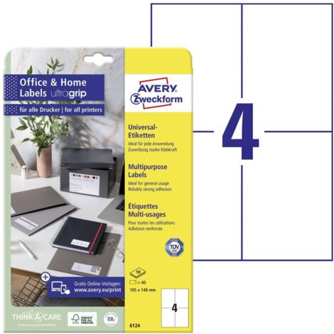 Avery-Zweckform 6124 Etiquette universelles 105 x 148 mm papier blanc 40 pc(s) fixation permanente imprimante à jet d'e