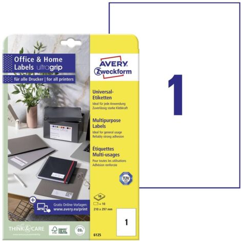 Avery-Zweckform 6125 Etichetta universale 210 x 297 mm Carta Bianco 10 pz. A tenuta permanente Stampante a getto d'inch