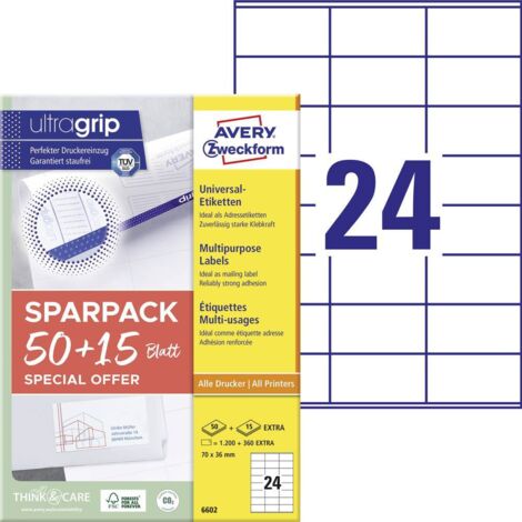Avery-Zweckform 6602 Etichetta universale 70 x 36 mm Carta Bianco 1560 pz. A tenuta permanente Stampante laser a colori