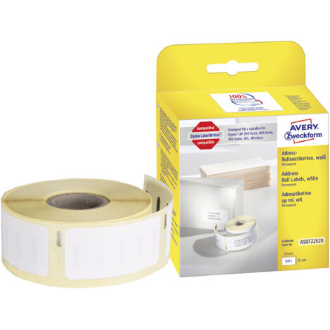 Avery Zweckform AS0722520 Rollen-Etiketten, Adressaufkleber, 25 x 54 mm, 1 Rolle/500 Etiketten, weiß