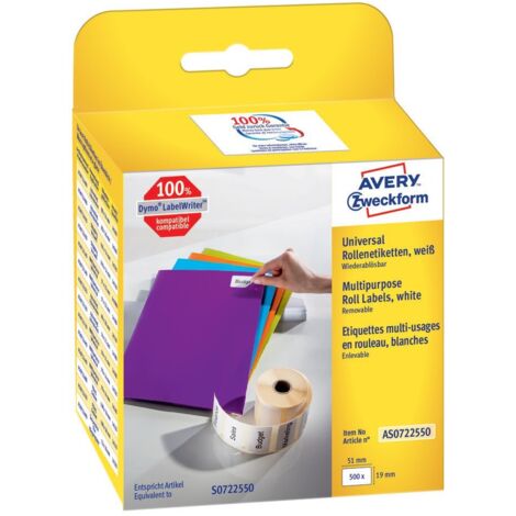 Avery-Zweckform AS0722550 Rotolo di etichette 19 x 51 mm Carta Bianco 500 pz. Staccabile Etichetta universale