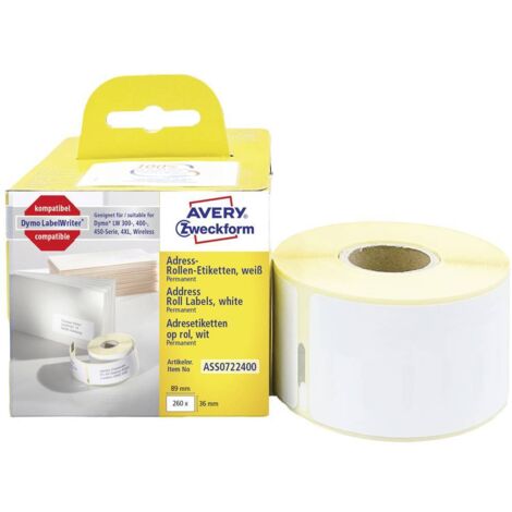 Avery-Zweckform ASS0722400 Rotolo di etichette 89 x 36 mm Carta Bianco 260 pz. A tenuta permanente Etichetta per indiri