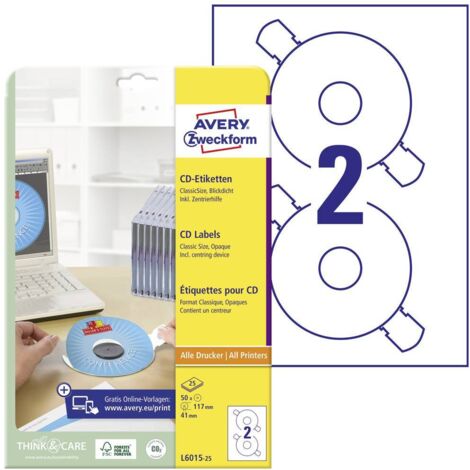 Avery Zweckform CD/DVD-Etikett L6015-25 matt weiß 50 St./Pack.
