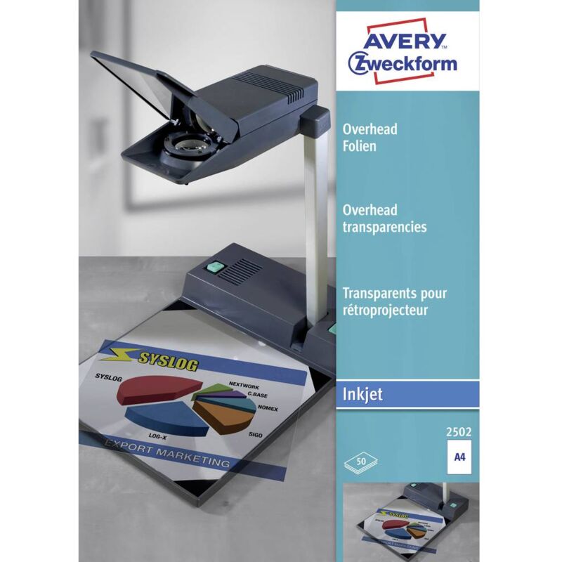 Image of Avery-Zweckform 2502 Fogli lucidi per lavagne luminose din A4 Stampante a getto Inkjet Trasparente 50 pz.