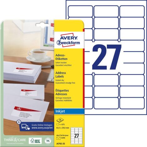 Avery-Zweckform J4792-25 Etichetta per indirizzo 63.5 x 29.6 mm Carta Bianco 675 pz. A tenuta permanente Stampante a ge