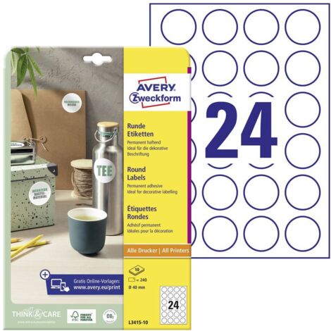 Avery-Zweckform L3415-10 Etiquette universelles Ø 40 mm papier blanc 240 pc(s) fixation permanente imprimante laser, im