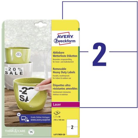 Avery-Zweckform L4717REV-20 Etichetta a pellicola 210 x 148 mm Pellicola in poliestere Bianco 40 pz. Staccabile Stampan