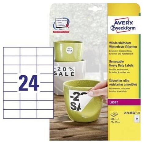 Avery-Zweckform L4718REV-20 Etichetta a pellicola 70 x 37 mm Pellicola in poliestere Bianco 480 pz. Staccabile Stampant