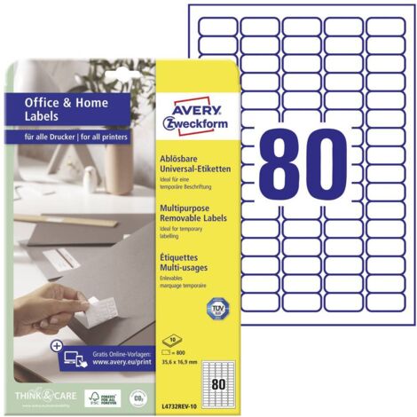 Avery-Zweckform L4732REV-10 Etichetta universale 35.6 x 16.9 mm Carta Bianco 800 pz. Staccabile Stampante a getto d'inc