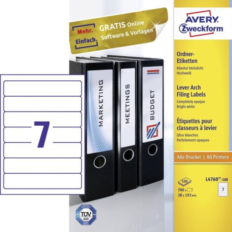 Avery-Zweckform L4760-100 Etichetta per raccoglitore da ufficio 38 x 192 mm Carta Bianco 700 pz. A tenuta permanente St