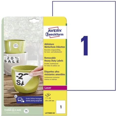 Avery-Zweckform L4775REV-20 Etichetta a pellicola 210 x 297 mm Pellicola Bianco 20 pz. Staccabile Stampante laser a col