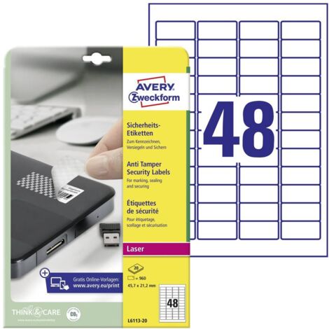 Avery-Zweckform L6113-20 Etichetta antimanomissione 45.7 x 21.2 mm Pellicola in poliestere Bianco 960 pz. A tenuta perm