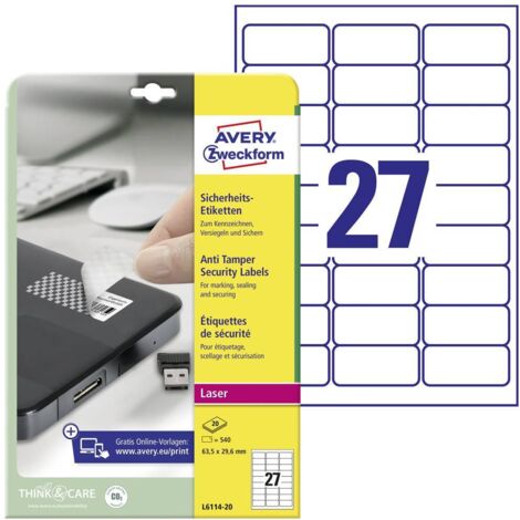 Avery-Zweckform L6114-20 Etichetta antimanomissione 63.5 x 29.6 mm Pellicola in poliestere Bianco 480 pz. A tenuta perm