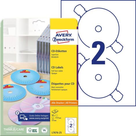 Avery-Zweckform L7676-25 Etichetta per CD Ø 117 mm Carta Bianco 50 pz. A tenuta permanente Stampante a getto d'inchiost