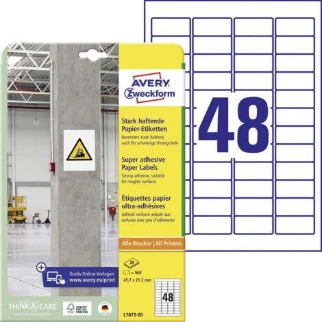 Avery-Zweckform L7873-20 Etichetta super resistente 45.7 x 21.2 mm Carta Bianco 960 pz. A tenuta permanente, A tenuta f