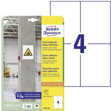 Avery-Zweckform L7876-20 Etichetta super resistente 105 x 148 mm Carta Bianco 80 pz. A tenuta permanente, A tenuta fort