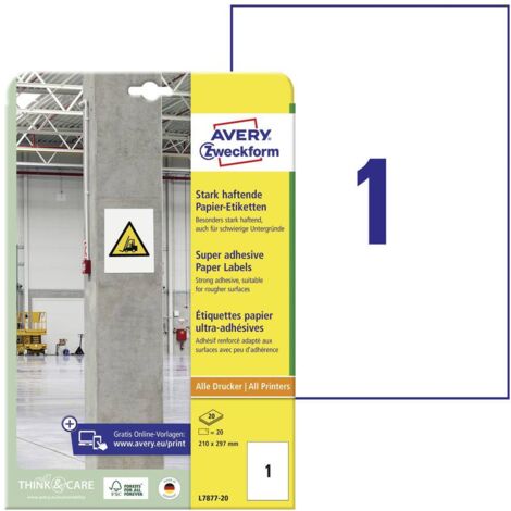 Avery-Zweckform L7877-20 Etichetta super resistente 210 x 297 mm Carta Bianco 20 pz. A tenuta permanente, A tenuta fort