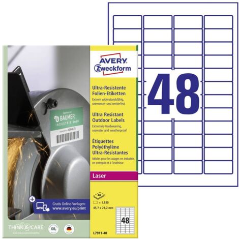 Avery-Zweckform L7911-40 Etichetta a pellicola 45.7 x 21.1 mm Pellicola in polietilene Bianco 1920 pz. A tenuta permane