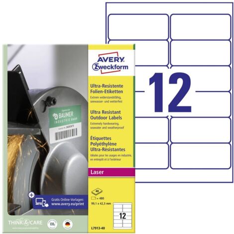 Avery-Zweckform L7913-40 Etichetta universale 99.1 x 42.3 mm Pellicola in polietilene Bianco 480 pz. A tenuta permanent