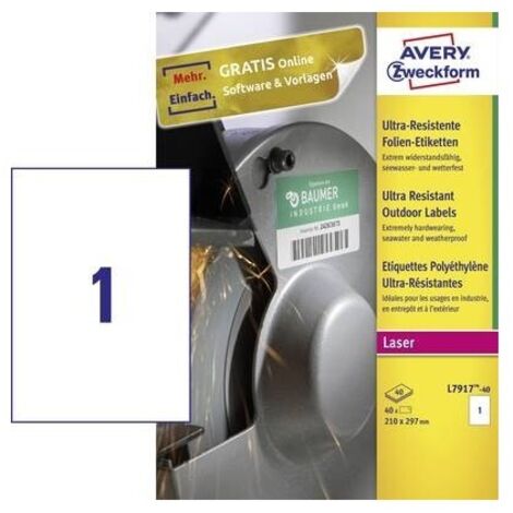 Avery-Zweckform L7917-40 Etichetta a pellicola 210 x 297 mm Pellicola in polietilene Bianco 40 pz. A tenuta permanente