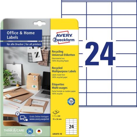 Avery-Zweckform LR3475-10 Etichetta universale 70 x 36 mm Carta riciclata Bianco 240 pz. A tenuta permanente Stampante