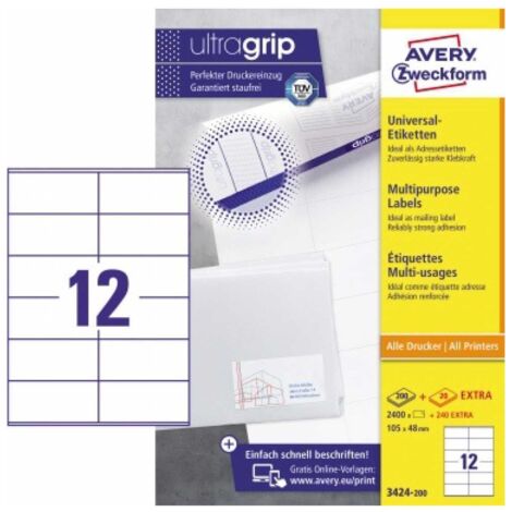 AVERY ZWECKFORM Universaletikett Avery Zweckform ultragrip 105 x 48 mm (B x H) nicht wieder ablösbar Papier weiß2.640 Etik./Pack.