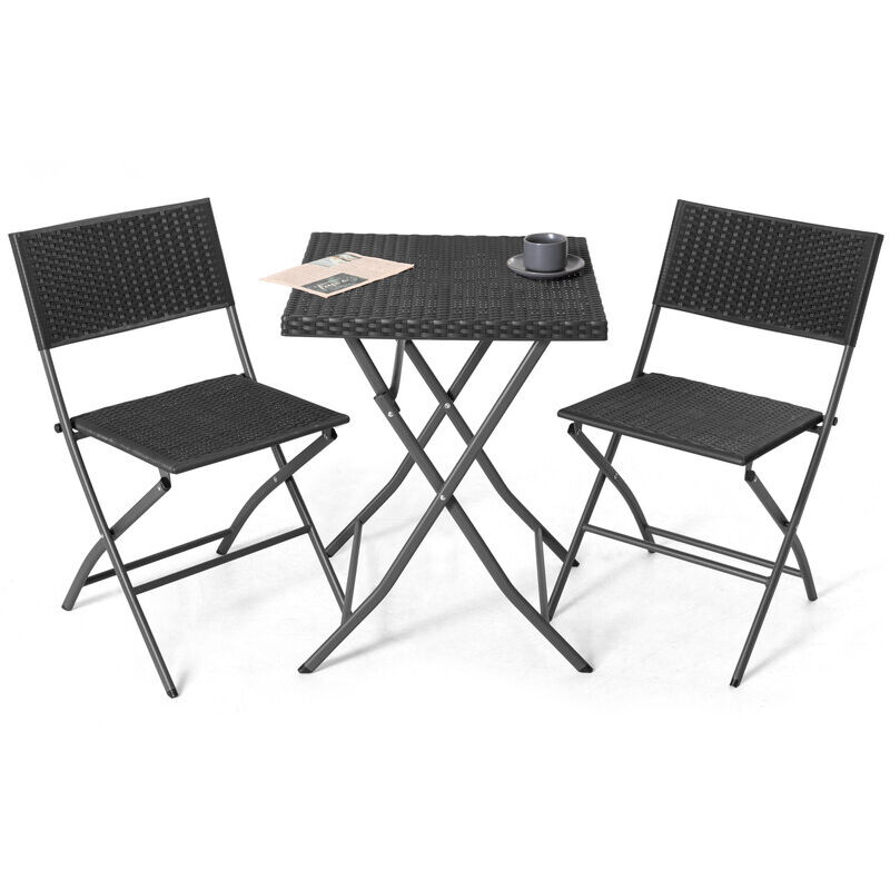 Avestar Ensemble Bistro 3 Pièces, Ensemble Table Chaise Pliantes de Jardin 2 Personnes, en Rotin PP Résistant aux Intempéries, Noir
