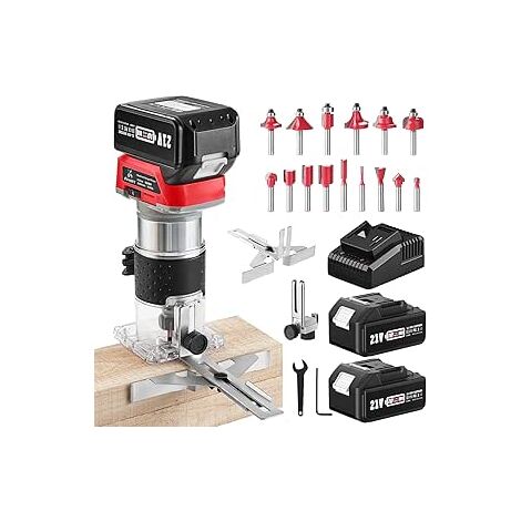 Avhrit Akku Kantenfräser mit 2 x 4.0Ah Batterien, Akku Oberfräse, bürstenloser, tragbarer Handfräser für die Holzbearbeitung, Akku-Holztrimmer mit 15-teiligem 1/4"-Fräser-Set