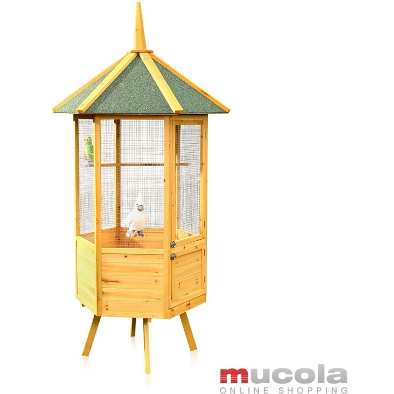 

Mucola - Pajarera jaula para pájaros casa de pájaros de madera Hexágono XXL habitación de pájaros jaula de loros nido casita para aves canarios