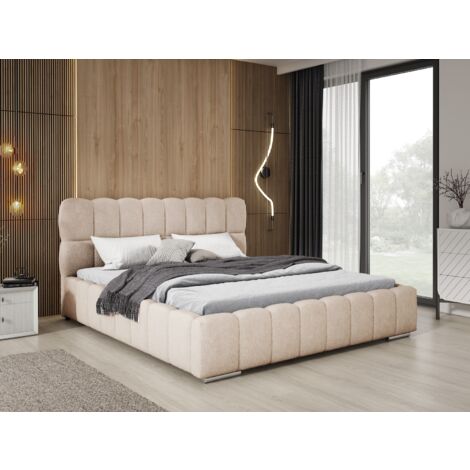 Avilla lit double 160 x 200 - lit tissu bouclé avec rangement et sommier à Lattes - lit rembourré 160x200 Beige (Anthology 2)