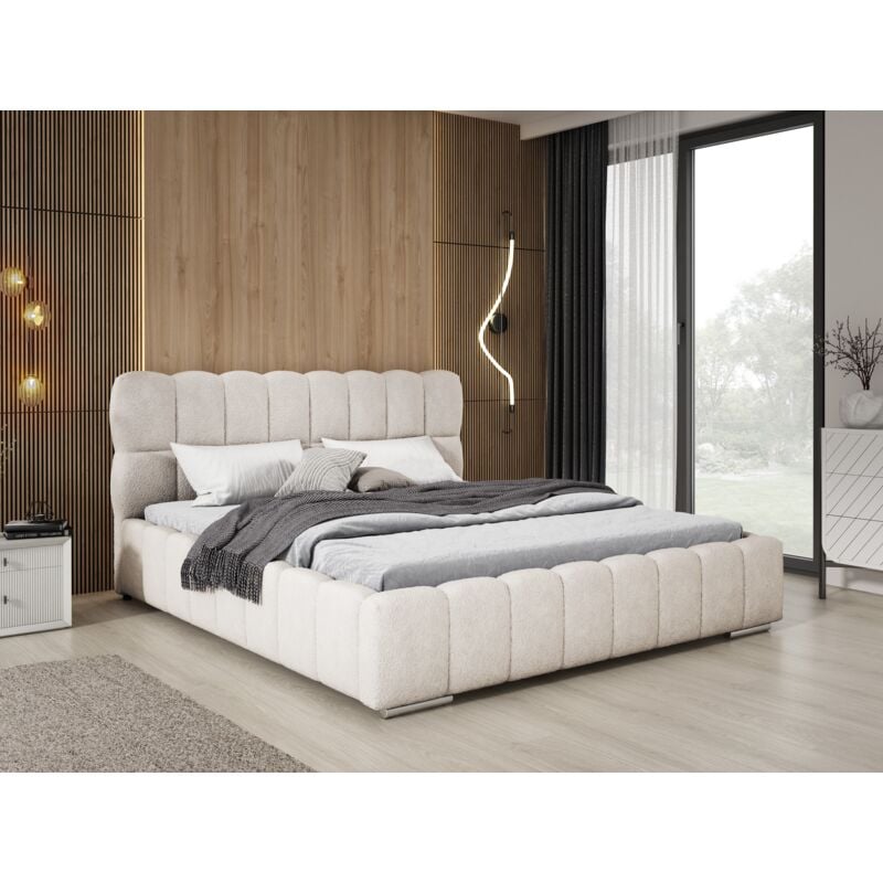 Emporius - Avilla lit double 180 x 200 - lit tissu bouclé avec rangement et sommier à Lattes - lit rembourré 180x200 Crème (Anthology 1)
