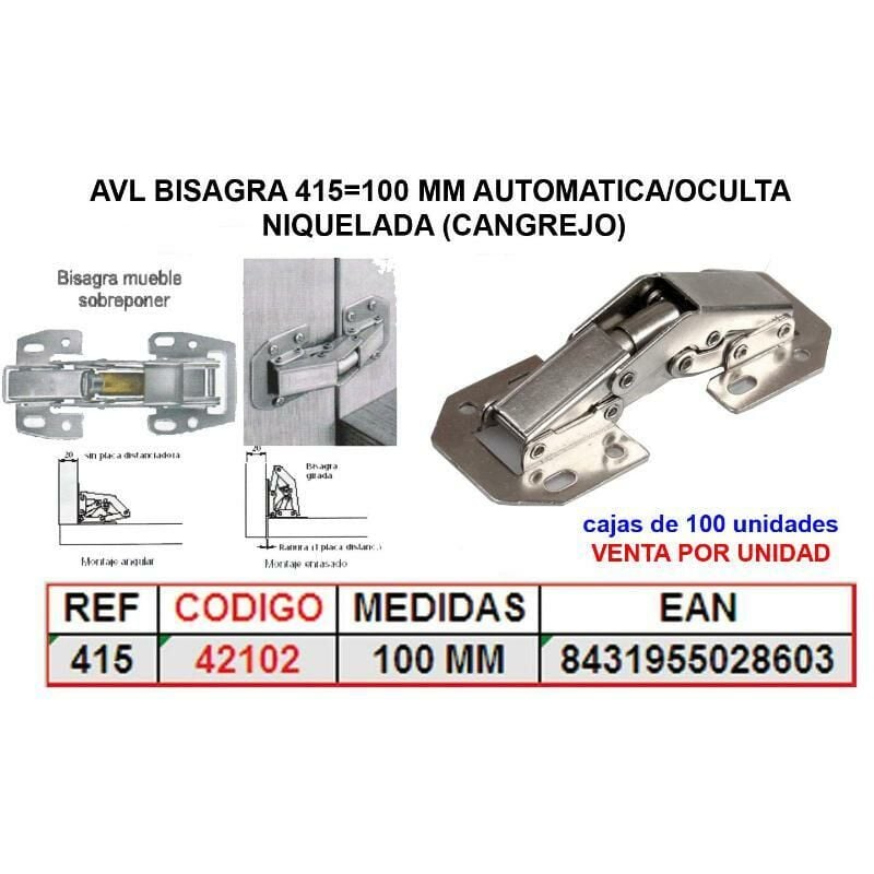 

Mibricotienda - avl bisagra 415 100 mm automatica-oculta niquelada (cangrejo)