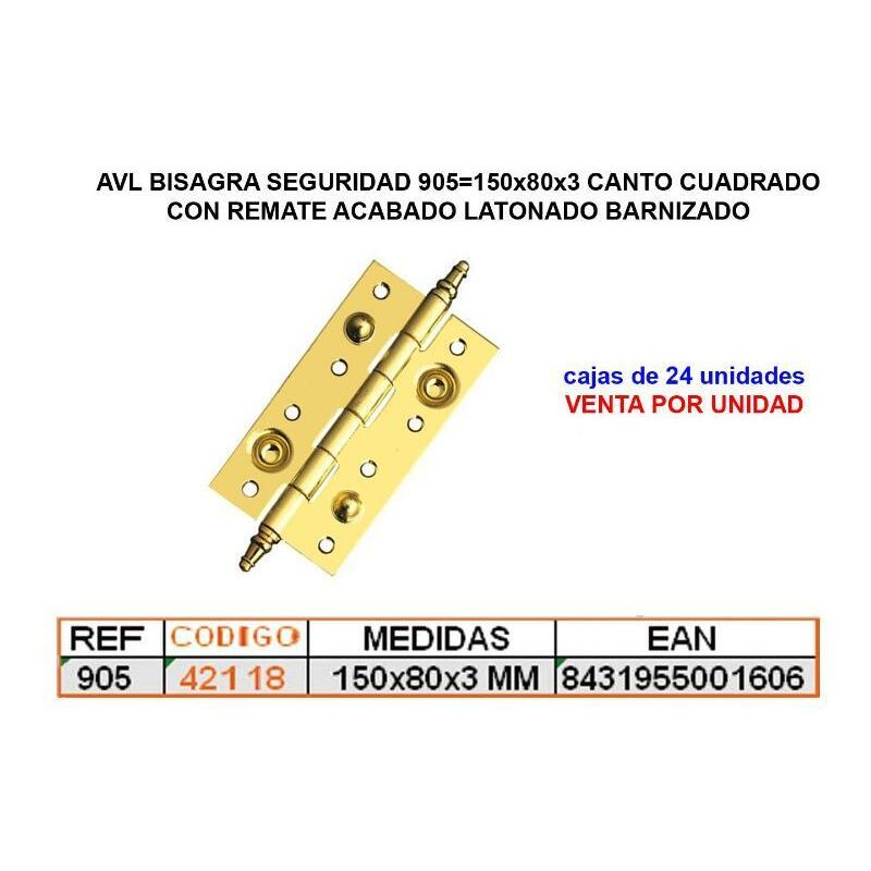 

avl bisagra 905 150x80x3 seguridad c-cuadrado+remate lat-barniz - Mibricotienda